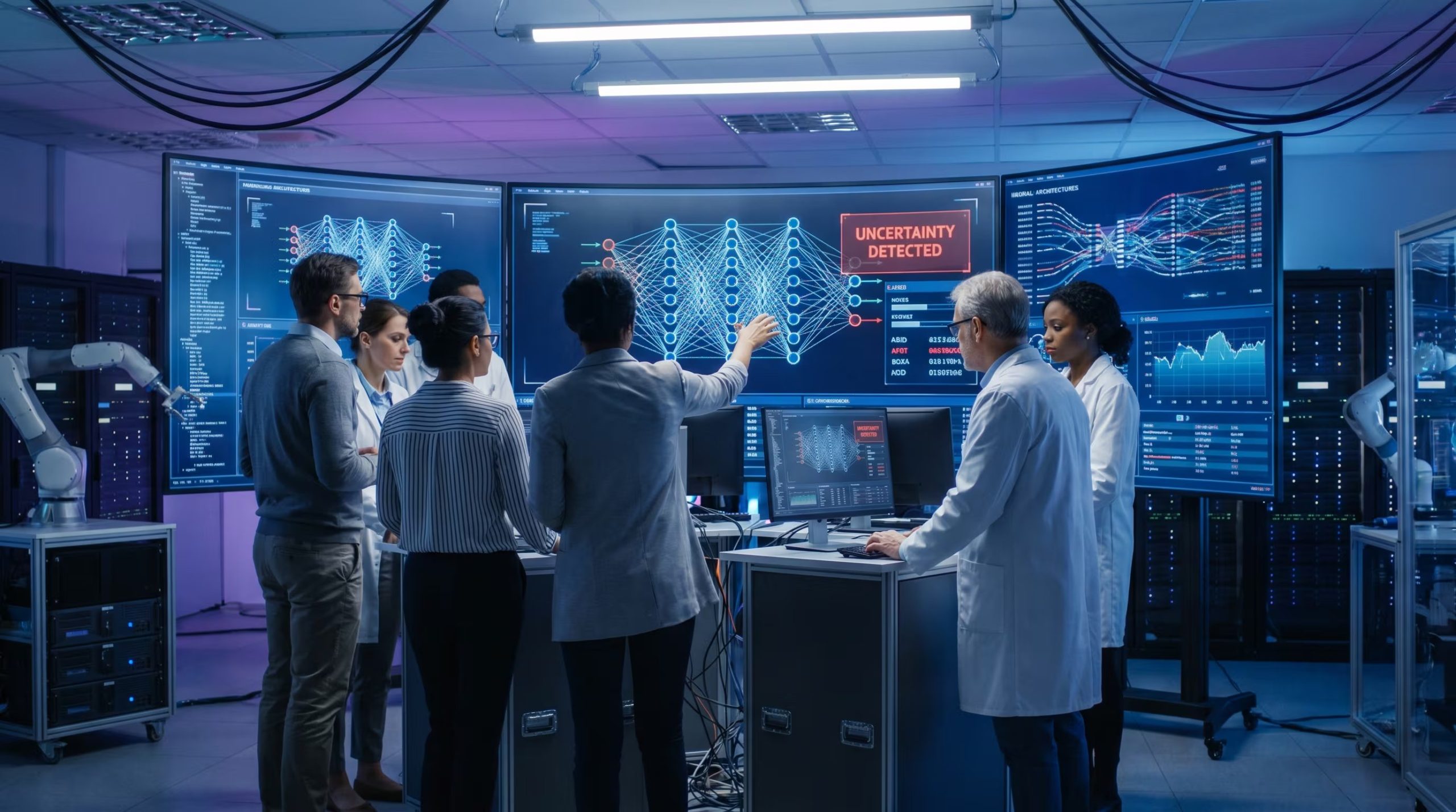 Científicos colaboran en un moderno laboratorio de inteligencia artificial, analizando gráficos neuronales y alertas de 'incertidumbre detectada' en enormes pantallas mientras entrenan un modelo avanzado. (Imagen Ilustrativa Infobae)
