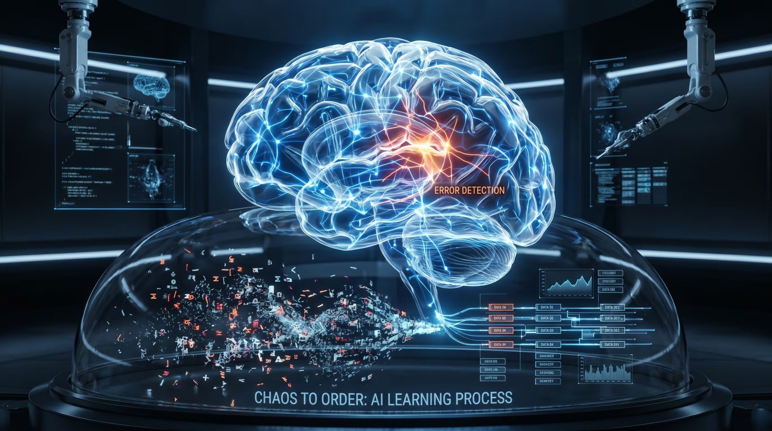 Una visualización conceptual de alta definición muestra una IA aprendiendo a detectar errores con redes neuronales activas en un cerebro artificial, transformando datos caóticos en información estructurada en un entorno científico futurista. (Imagen Ilustrativa Infobae)