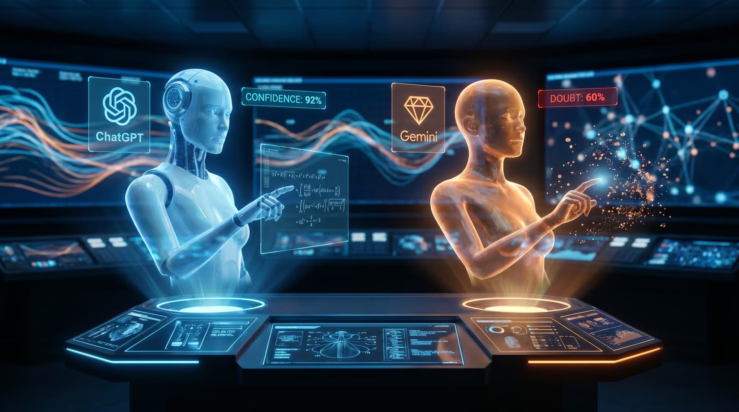 Representación artística de ChatGPT y Gemini como asistentes virtuales futuristas, interactuando con información compleja y mostrando sus respectivos niveles de confianza y duda. (Imagen Ilustrativa Infobae)