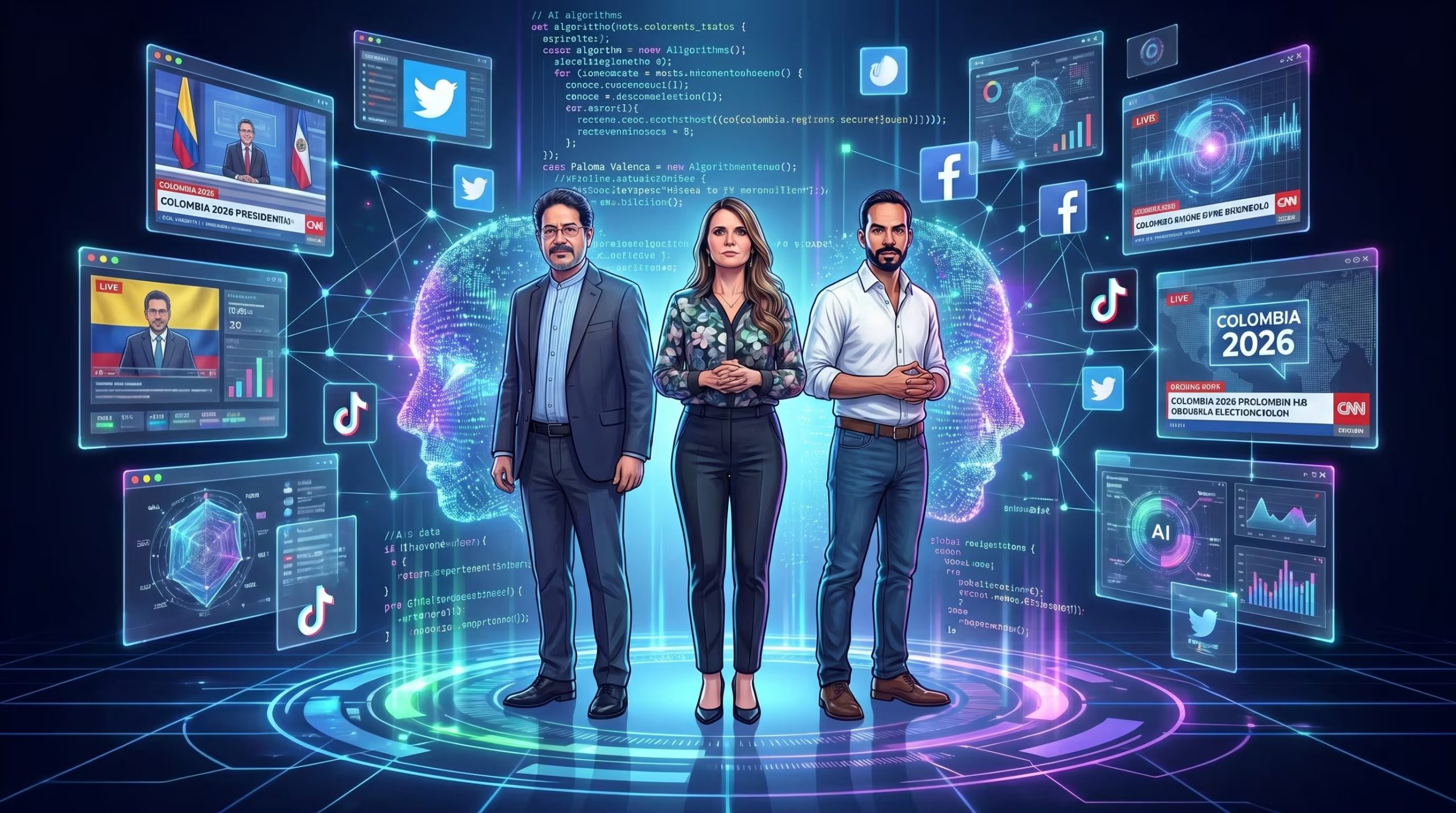 Ilustración futurista muestra a Iván Cepeda, Paloma Valencia y Abelardo de la Espriella en un entorno digital rodeados de hologramas, IA y pantallas de redes sociales, simbolizando las elecciones presidenciales de Colombia 2026. (Imagen Ilustrativa Infobae)