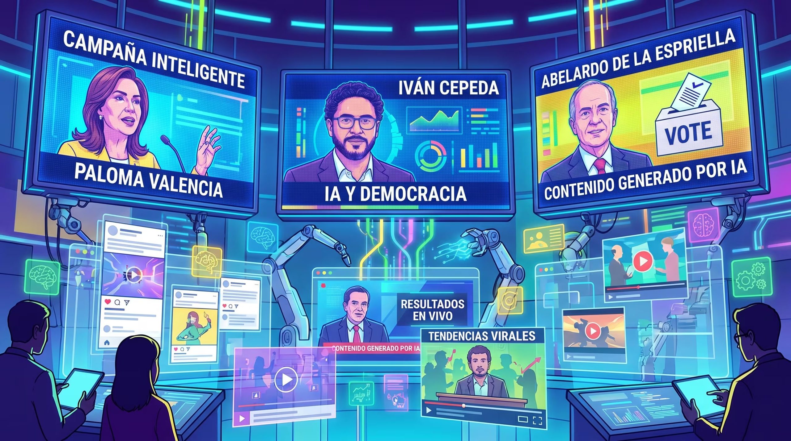 Arte digital que ilustra cómo la inteligencia artificial impulsa las campañas políticas con proyecciones de Paloma Valencia, Iván Cepeda y Abelardo de la Espriella en un entorno de generación de contenido en tiempo real. (Imagen Ilustrativa Infobae)