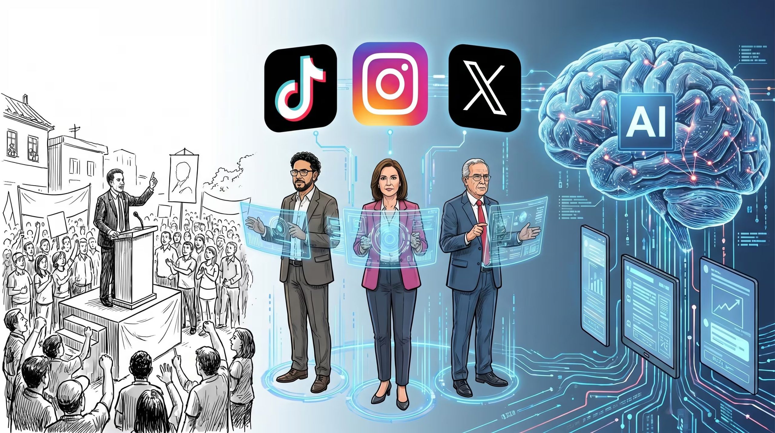 Ilustración que muestra la evolución de las campañas electorales, desde mítines tradicionales hasta un entorno digital con inteligencia artificial, presentando a Iván Cepeda, Paloma Valencia y Abelardo de la Espriella conectados a TikTok, Instagram y X. (Imagen Ilustrativa Infobae)