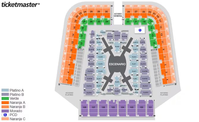 La distribución de zonas y accesos responde a criterios de comodidad y accesibilidad, permitiendo que cada espectador disfrute del espectáculo desde cualquier ubicación. (Ticketmaster)