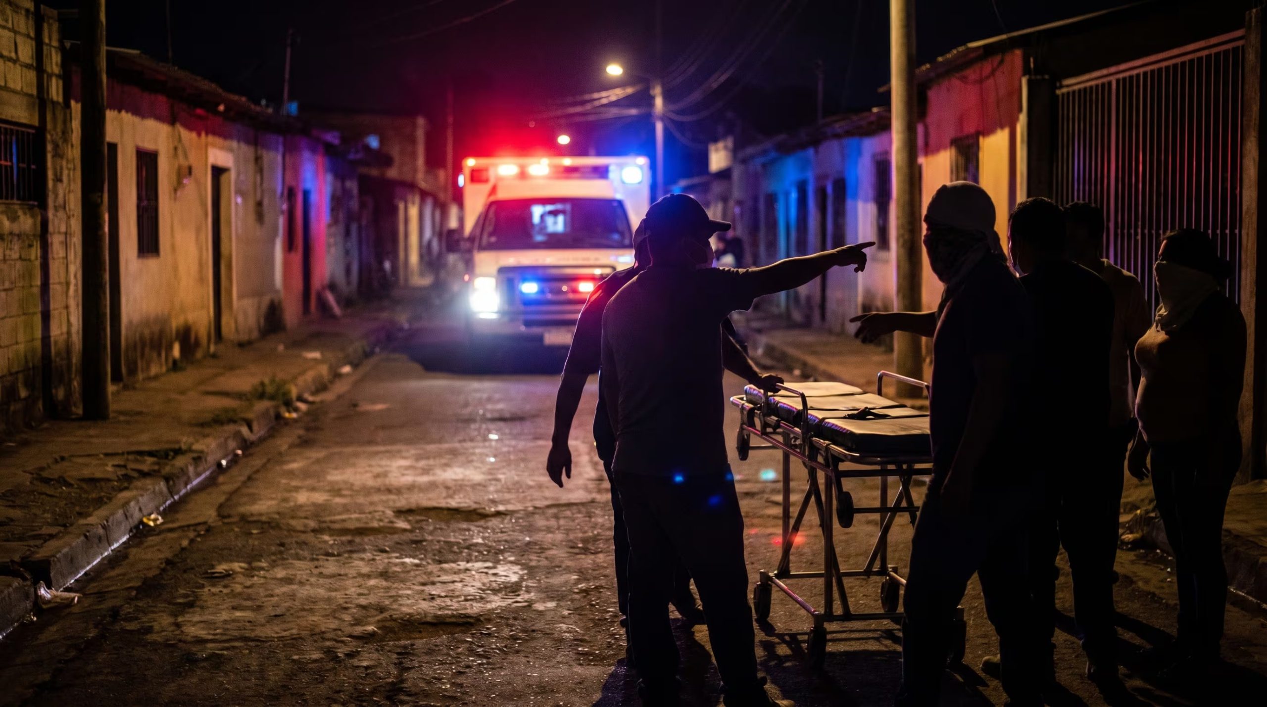 Una ambulancia con luces de emergencia atiende una escena nocturna en una calle de El Salvador, en el contexto de las revelaciones sobre la persecución de víctimas por parte de la MS-13. (Imagen Ilustrativa Infobae)
