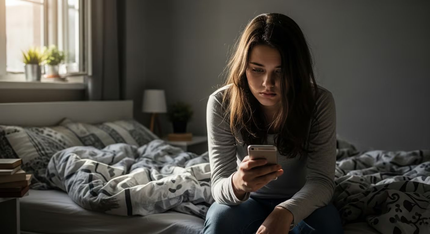 Una adolescente de aspecto triste está sentada sola en su cama, absorta en su teléfono móvil bajo la luz natural que entra por la ventana de su habitación. (Imagen Ilustrativa Infobae)