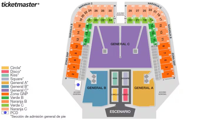El Estadio GNP Seguros con zonas específicas para cada parte y canción del show. (Captura de pantalla/Ticketmaster)