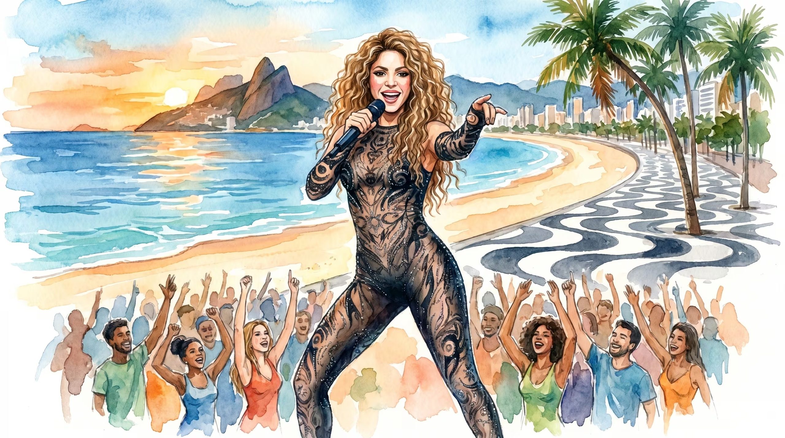 El espectáculo gratuito que ofrecerá Shakira en la playa de Copacabana el 2 de mayo es uno de los más esperados del año y se espera una asistencia récord, con más de dos millones de personas - crédito Visuales IA Infobae