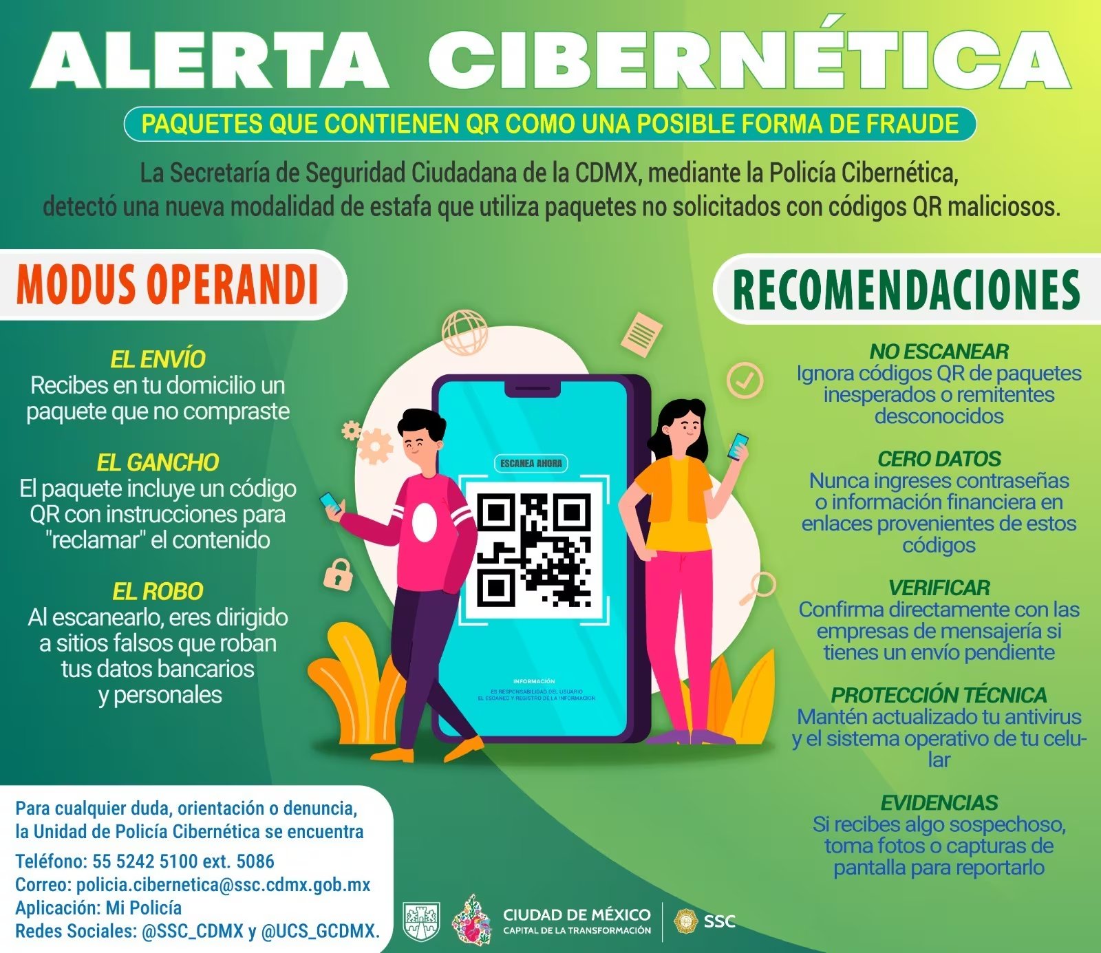 La Policía Cibernética de la SSC CDMX alerta sobre una nueva modalidad de estafa que utiliza códigos QR en paquetes no solicitados, ofreciendo recomendaciones para evitar el fraude. (SSC)
