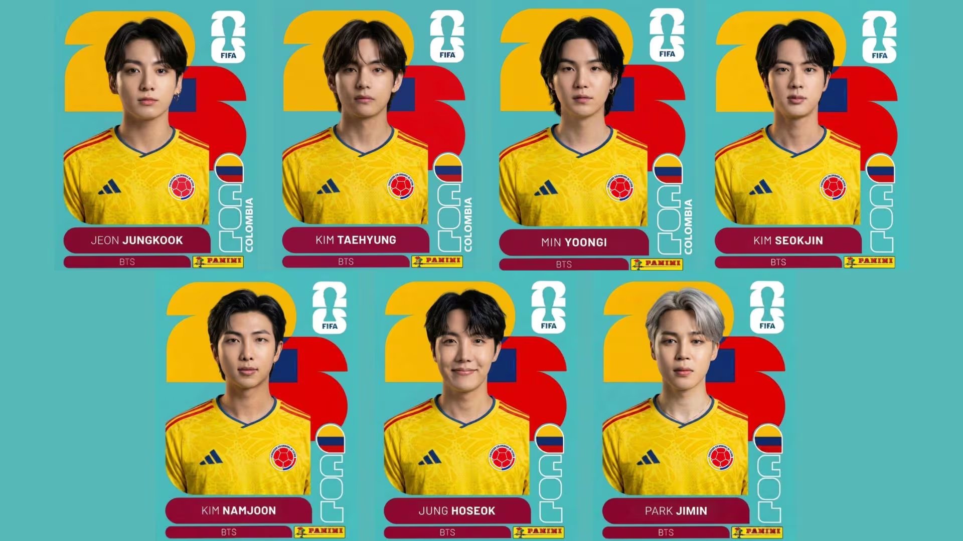Fans de BTS crean álbum de laminitas estilo Mundial con los integrantes usando la camiseta de Colombia - crédito @armybogotacol/Instagram