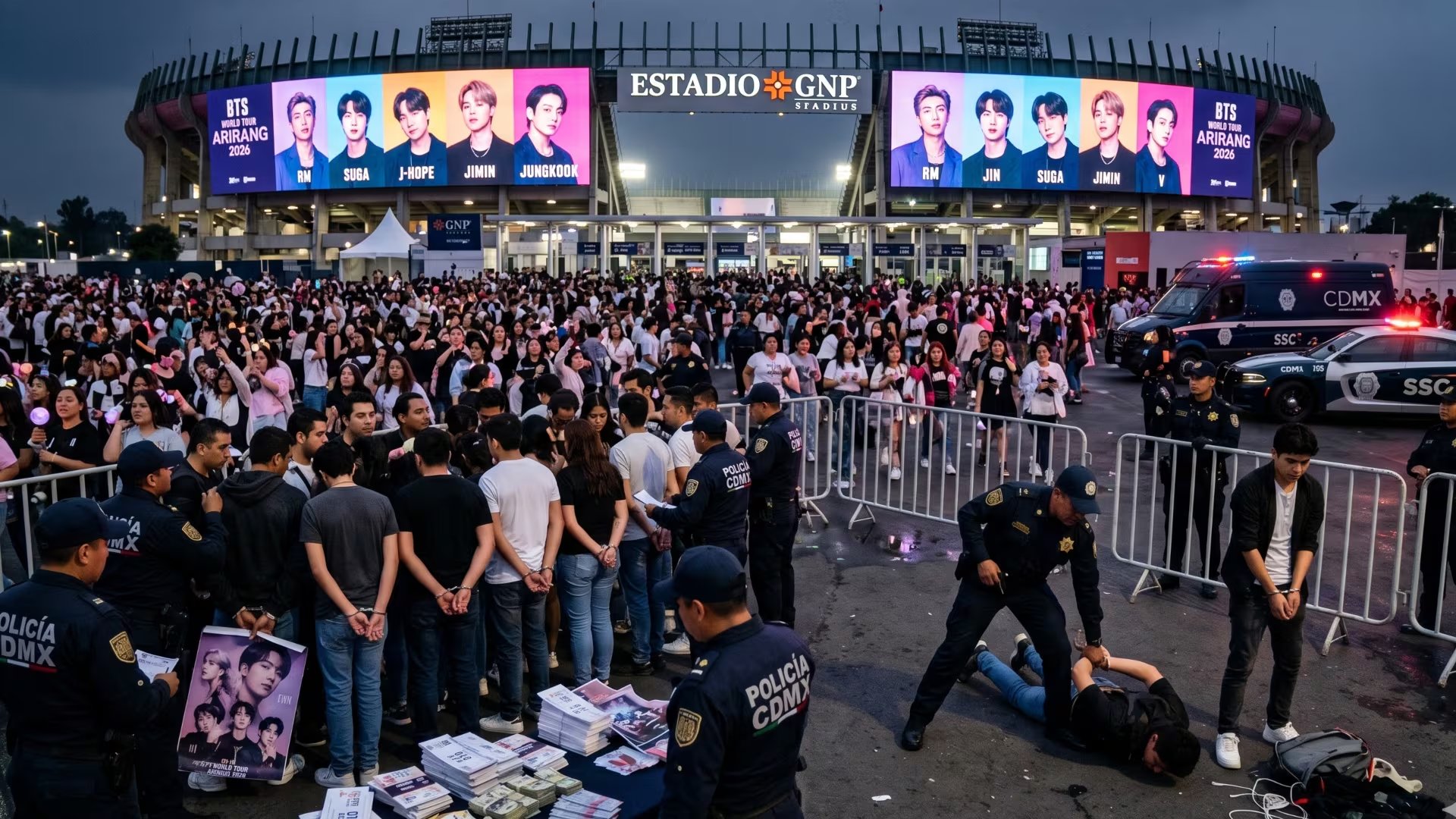 Las imágenes captadas afuera del Estadio GNP muestran una silueta humana que se desvanece durante el Arirang World Tour de BTS (Imagen ilustrativa IA Infobae)