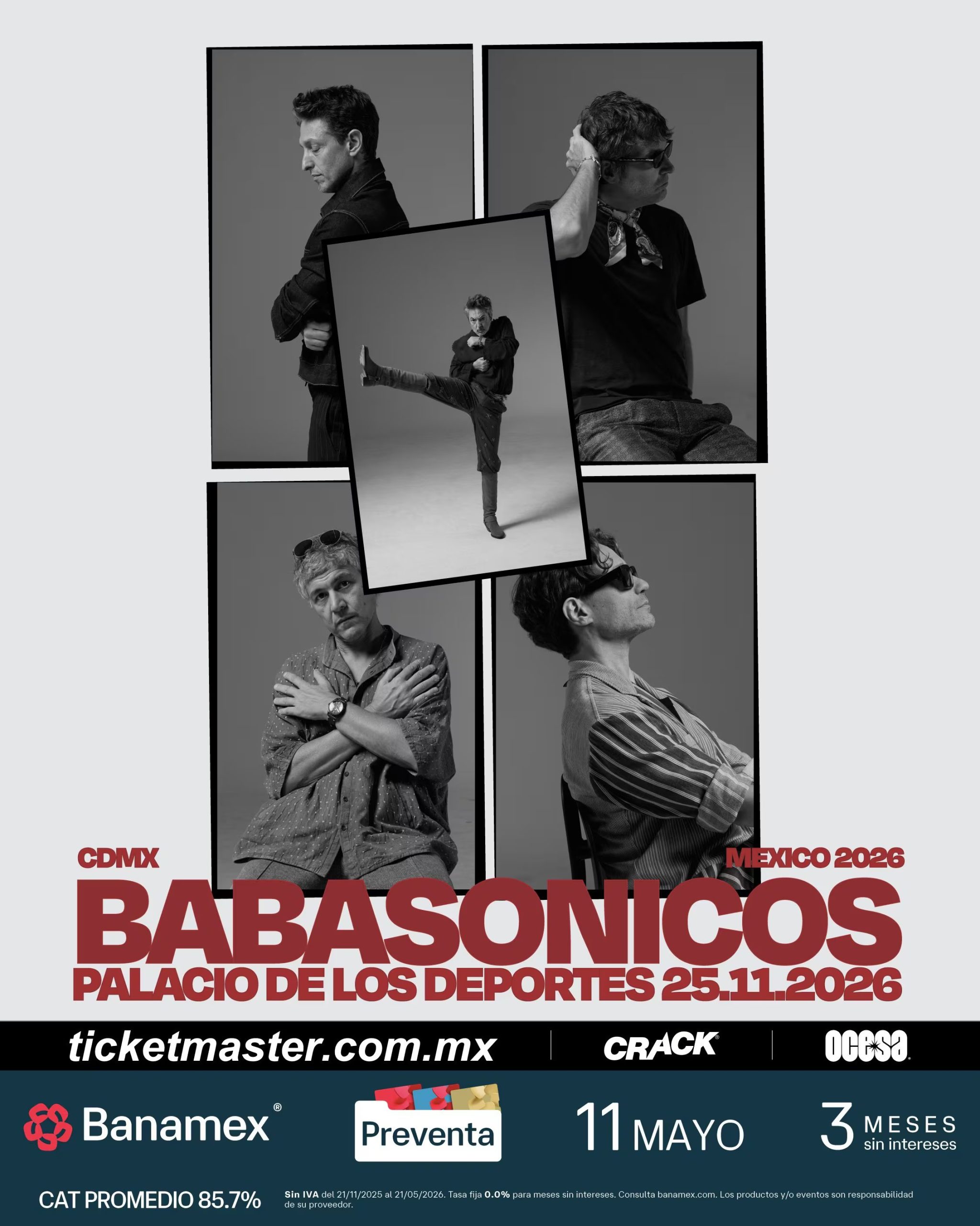 La preventa Banamex para el concierto de Babasónicos inicia el 11 de mayo, seguida por la venta general el 12 de mayo en Ticketmaster (Ocesa)