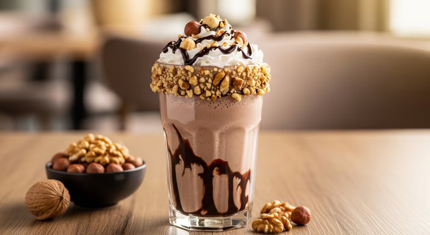 Un apetitoso batido de chocolate con nuez y avellana, coronado con crema batida, sirope de chocolate y trozos de frutos secos, presentado en una mesa de madera. (Imagen Ilustrativa Infobae)