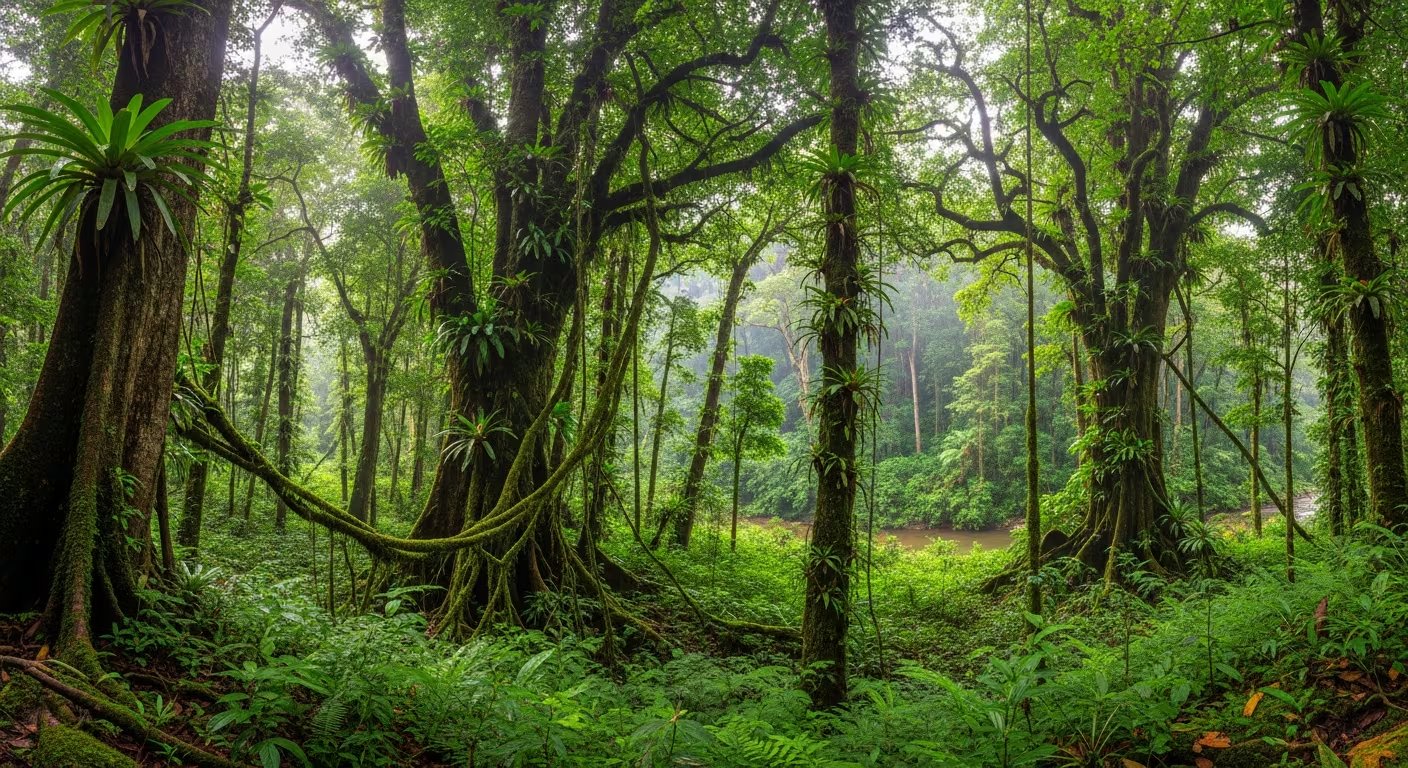 La imagen muestra un denso bosque tropical, con árboles cubiertos de musgo y plantas epífitas, así como una abundante vegetación en el suelo. Al fondo, se aprecia un río serpenteando entre la selva, evidenciando la riqueza hídrica y biológica de este ecosistema. Los bosques tropicales son vitales para la regulación climática y refugio de innumerables especies. (Imagen Ilustrativa Infobae)