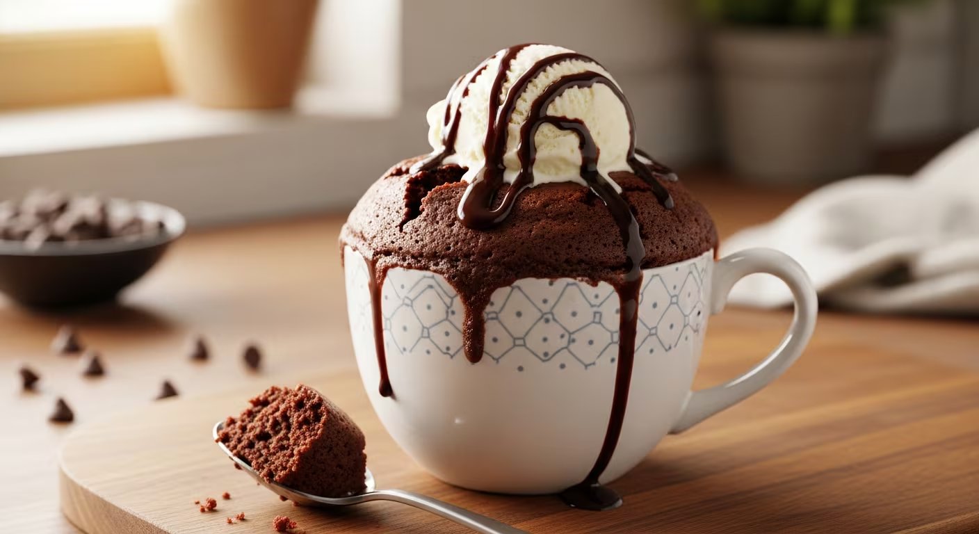 Un bizcocho de chocolate recién horneado en taza, coronado con una bola de helado de vainilla y bañado en sirope de chocolate, se presenta sobre una tabla de madera junto a una cuchara con un trozo y chispas de chocolate dispersas. (Imagen Ilustrativa Infobae)