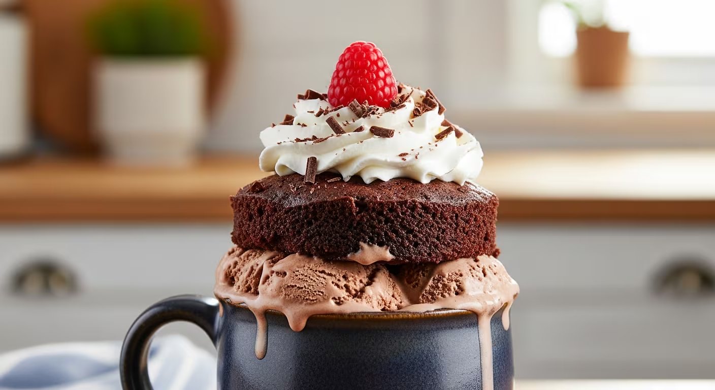 Un bizcocho de chocolate en taza con helado de chocolate derretido, crema batida, virutas de chocolate y una frambuesa fresca, ideal para un antojo dulce. (Imagen Ilustrativa Infobae)