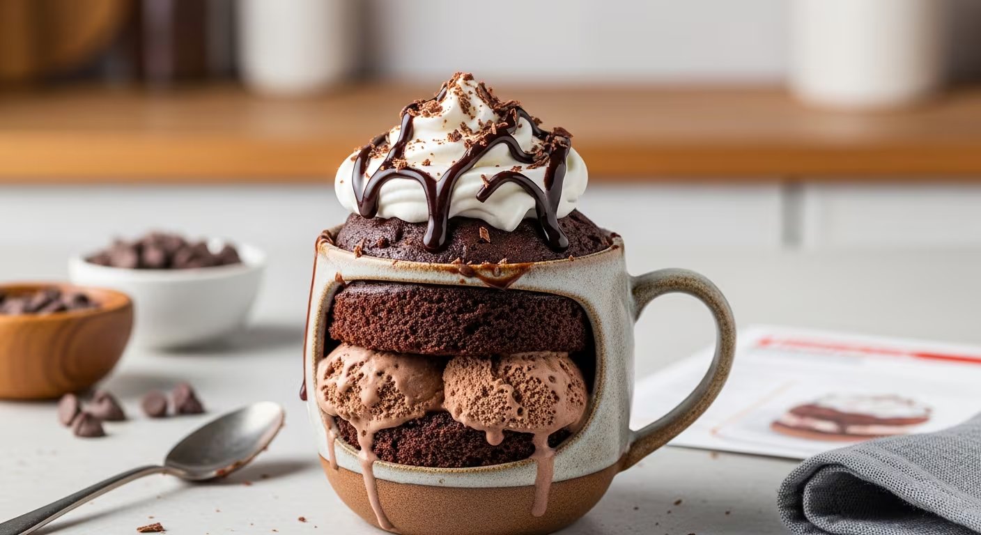 Un delicioso bizcocho de chocolate en taza con helado derretido y crema batida, decorado con sirope de chocolate, ideal para un postre rápido. (Imagen Ilustrativa Infobae)