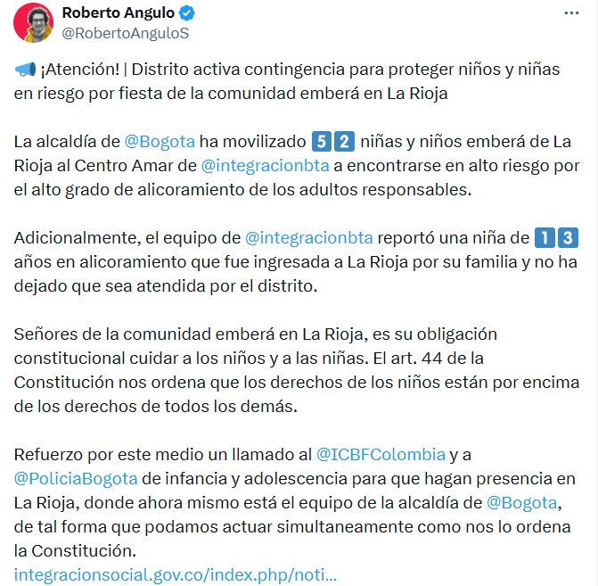 Roberto Angulo pidió apoyo del ICBF y de la Policía de Infancia para proteger a los menores de la comunidad Emberá. - crédito @RobertoAnguloS/X