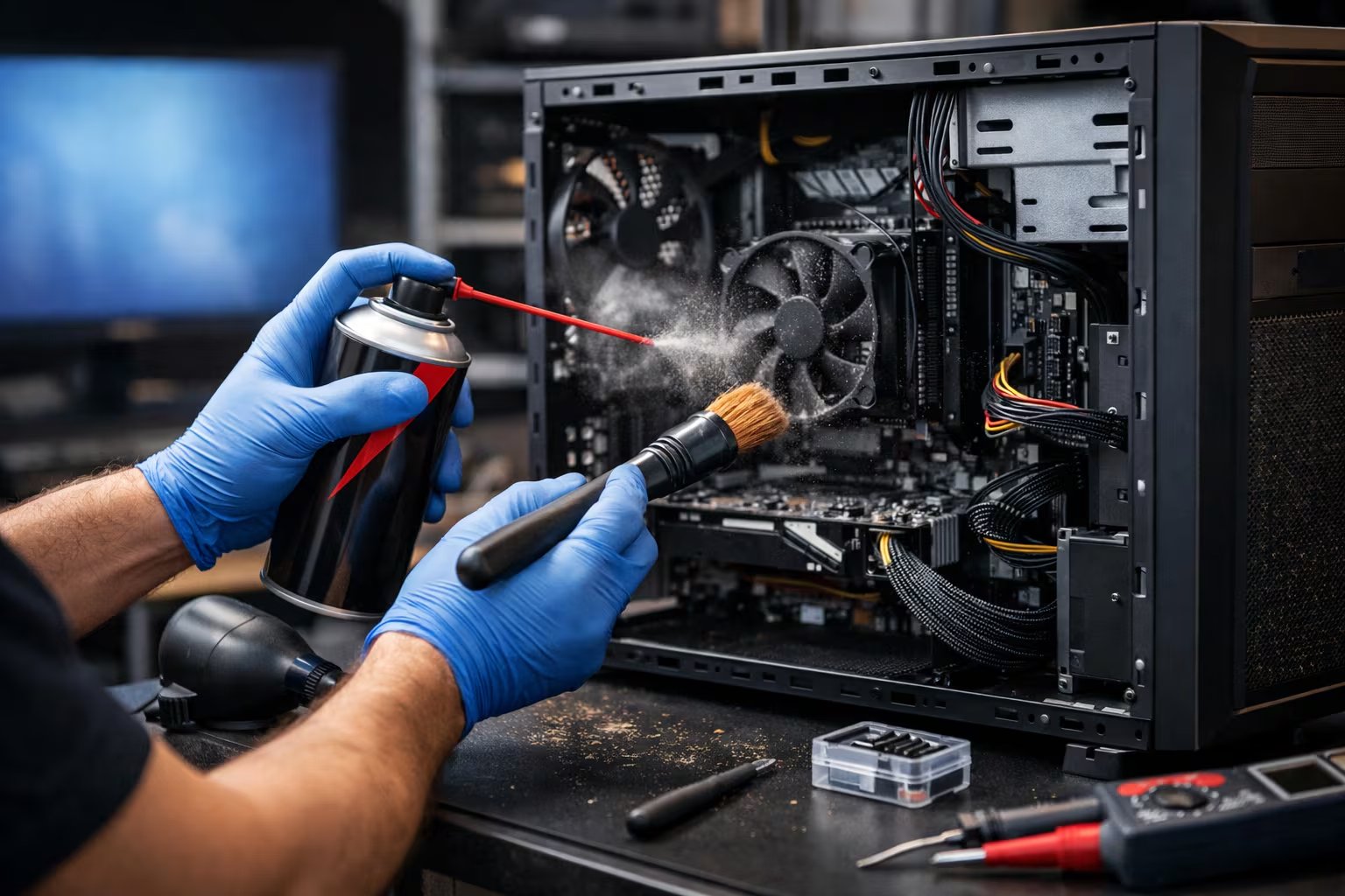 Un técnico especializado, usando guantes azules, limpia meticulosamente los ventiladores y componentes internos de una computadora de escritorio abierta con aire comprimido y un cepillo para asegurar su óptimo funcionamiento. (Imagen Ilustrativa Infobae)