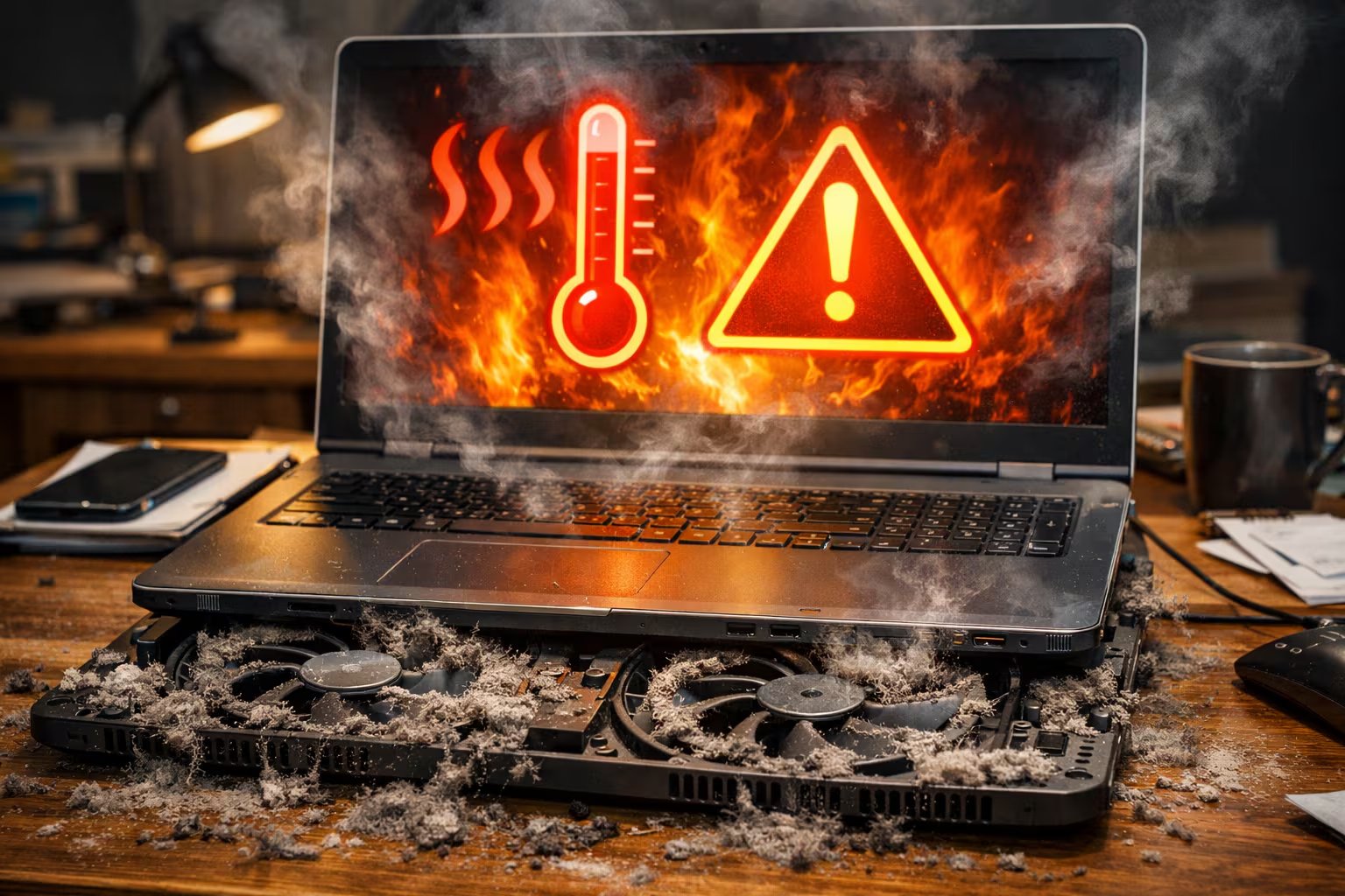Una laptop sobrecalentándose sobre un escritorio muestra una pantalla de advertencia de alta temperatura, con humo visible y sus ventiladores internos completamente obstruidos por polvo, señalando un grave problema de mantenimiento. (Imagen Ilustrativa Infobae)