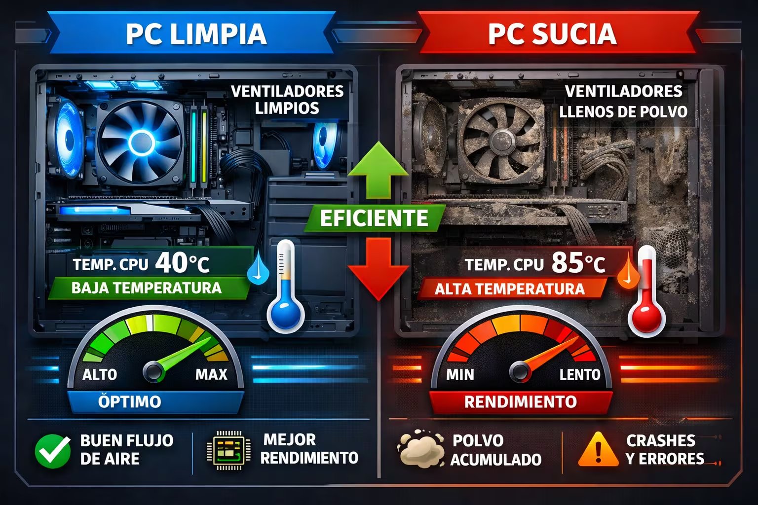 Una infografía tecnológica compara visualmente una computadora con ventiladores limpios a 40°C y rendimiento óptimo, frente a otra con polvo acumulado a 85°C y rendimiento lento, ilustrando el impacto de la suciedad en el hardware. (Imagen Ilustrativa Infobae)