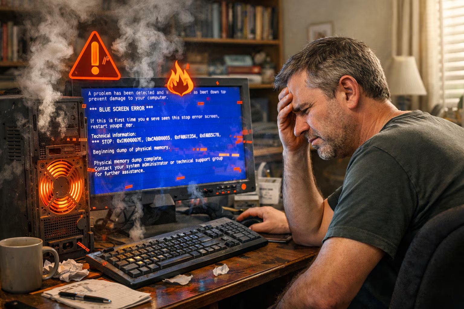 Un hombre frustrado se agarra la cabeza mientras su computadora de escritorio emite humo y muestra una pantalla azul de error, indicando una falla técnica catastrófica en un entorno doméstico. (Imagen Ilustrativa Infobae)