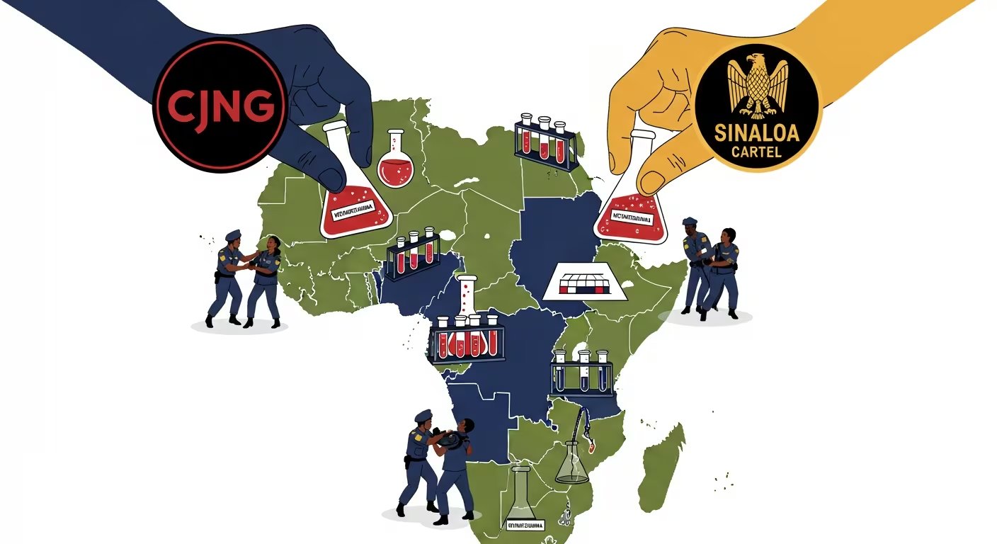 Una ilustración conceptual muestra los cárteles de Sinaloa y CJNG estableciendo laboratorios de metanfetamina en varias regiones de África, mientras la policía africana realiza arrestos. (Imagen Ilustrativa Infobae)
