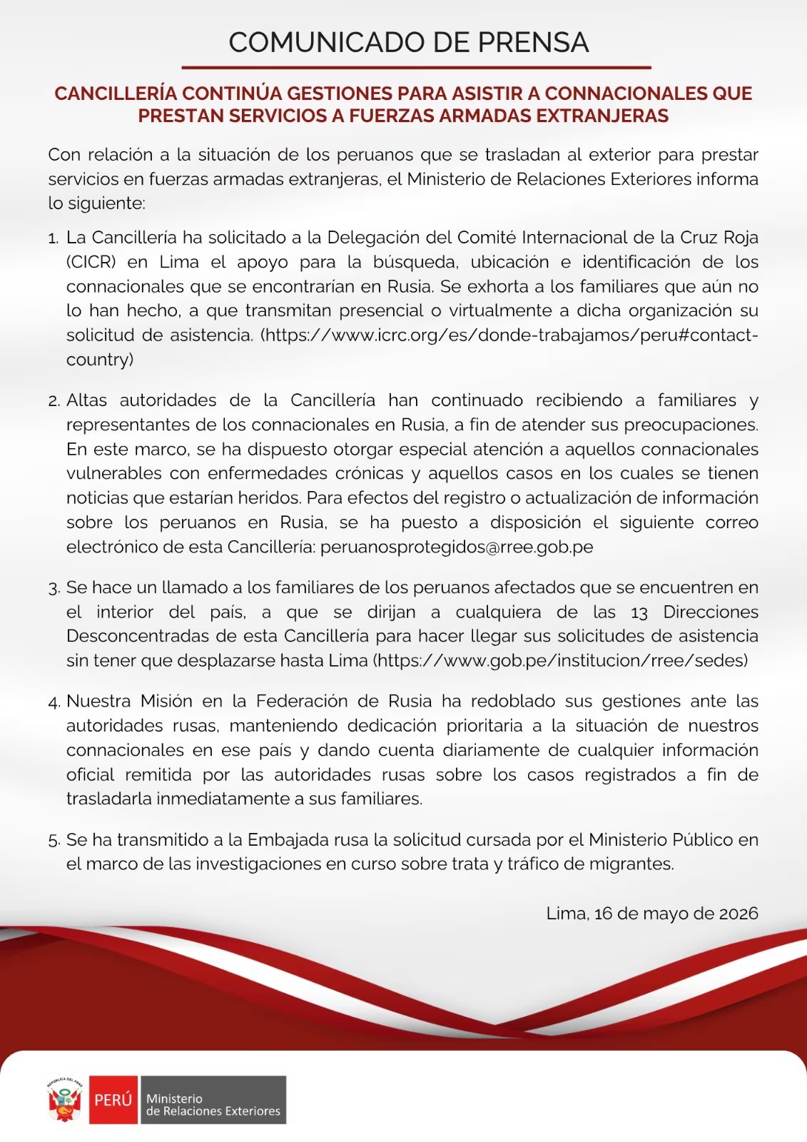 Perú solicita apoyo internacional para ubicar a connacionales en conflicto entre Rusia y Ucrania. (Foto: X/@Cancillería)