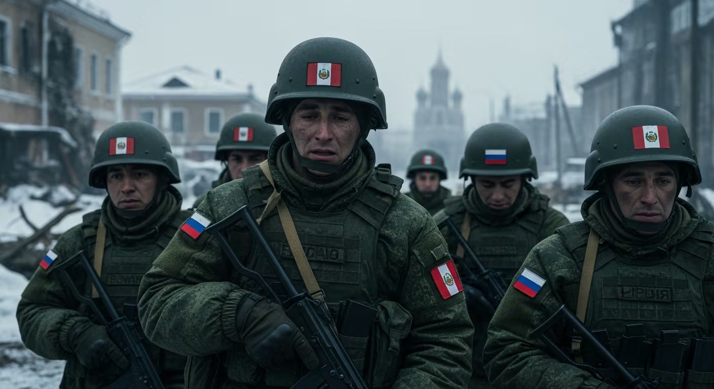 Un grupo de soldados peruanos, con uniformes que muestran las banderas de Rusia y Perú, exhiben fatiga y desilusión mientras combaten en el frente ruso, en un entorno invernal y desolado. (Imagen Ilustrativa Infobae)