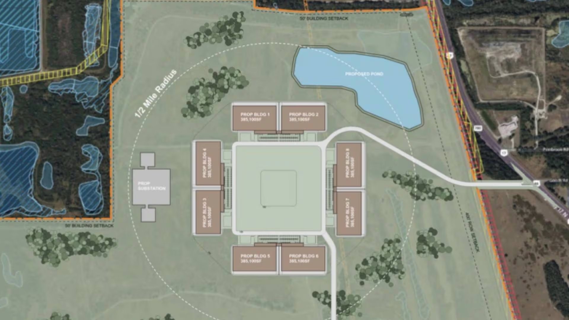 Un plano del emplazamiento de un centro de datos propuesto en Fort Meade, en el condado de Polk (Stonebridge / Captura de pantalla de la presentación)