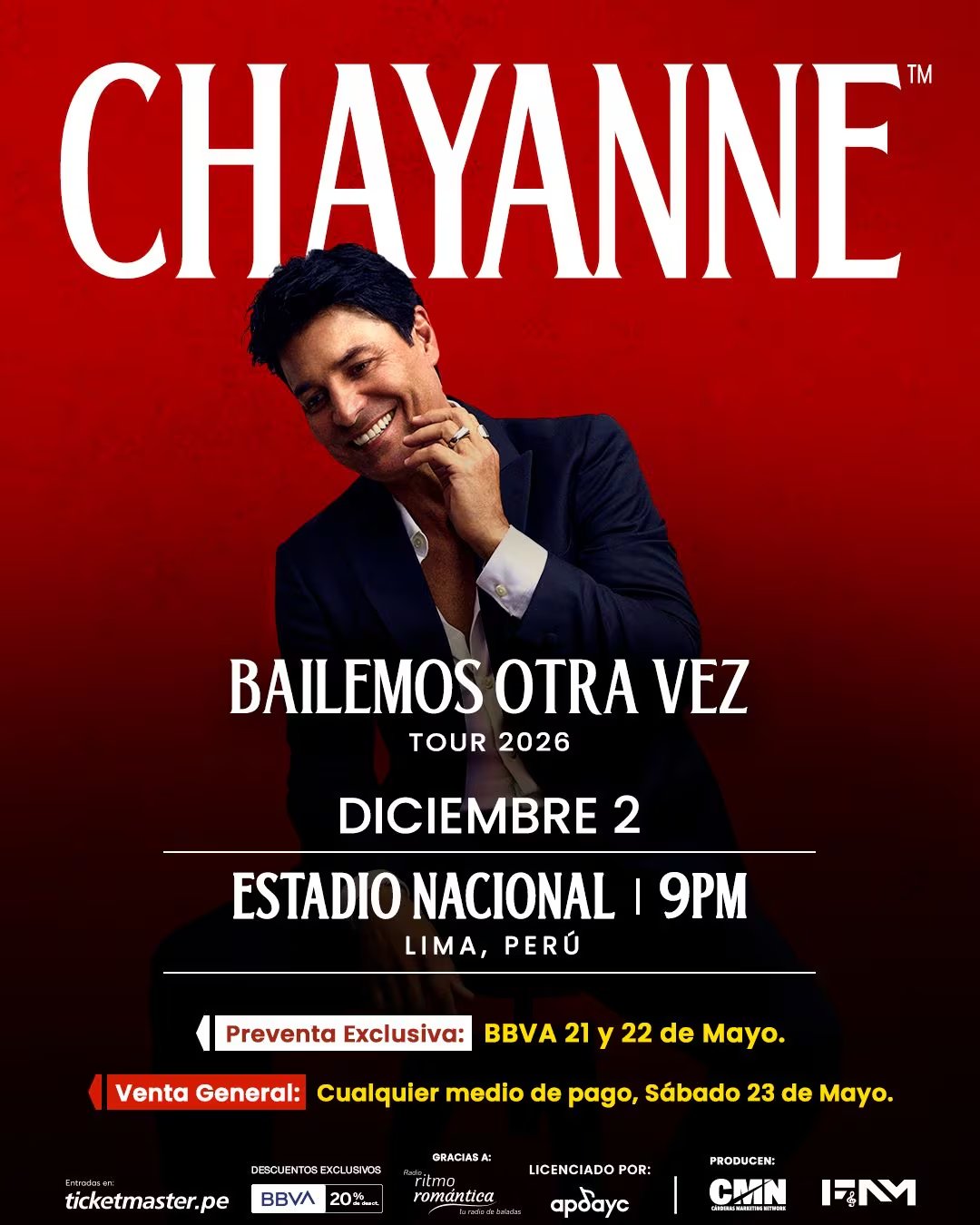El icónico cantante Chayanne sonríe en el póster oficial de su gira 'Bailemos otra vez', que lo traerá de vuelta a Lima, Perú, para un concierto el 2 de diciembre de 2026 en el Estadio Nacional.