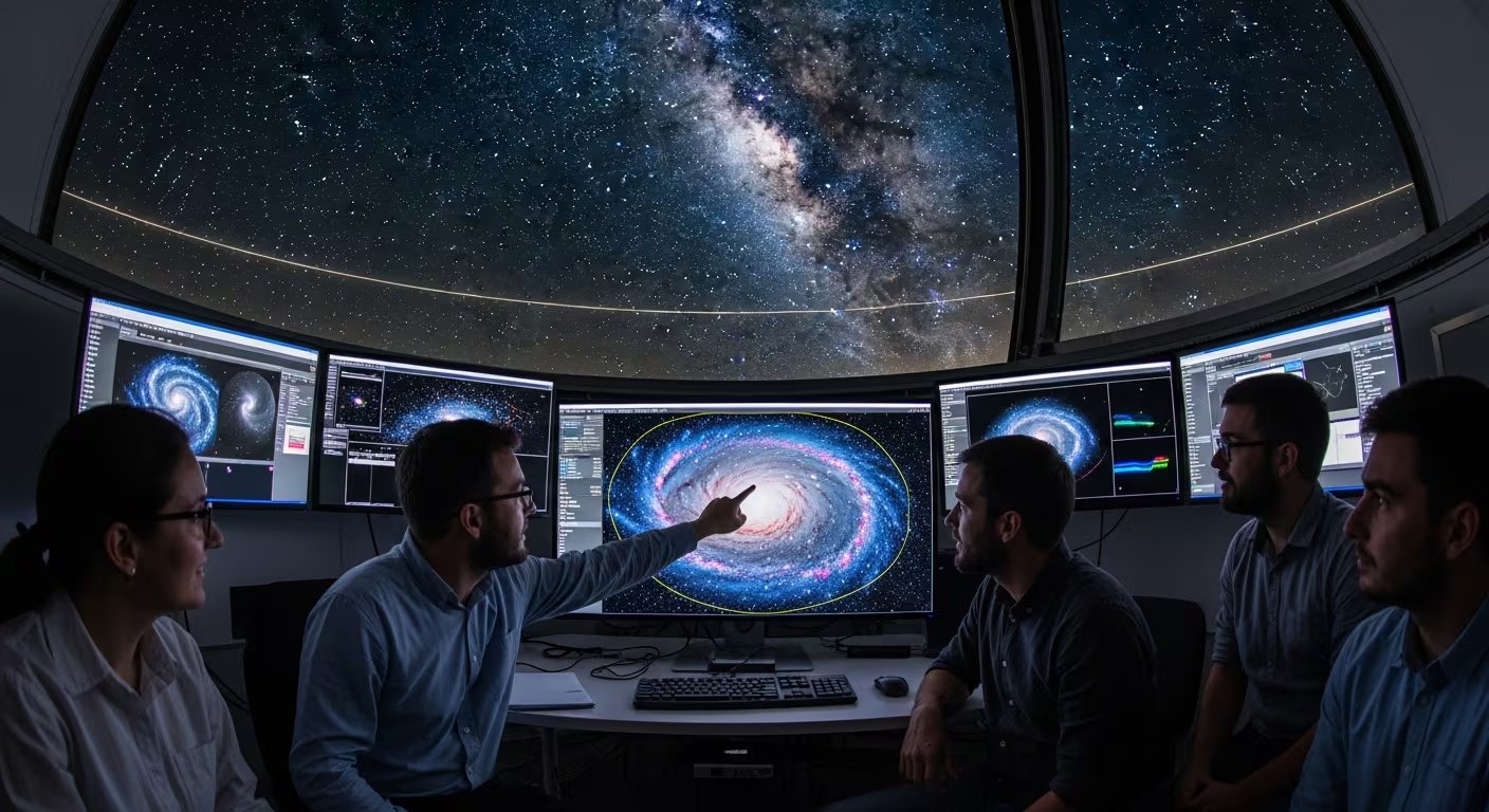 Científicos y astrónomos en una sala de control examinan en monitores imágenes detalladas de la Vía Láctea, revelando la identificación del borde de nuestra galaxia con millones de estrellas (Imagen Ilustrativa Infobae)