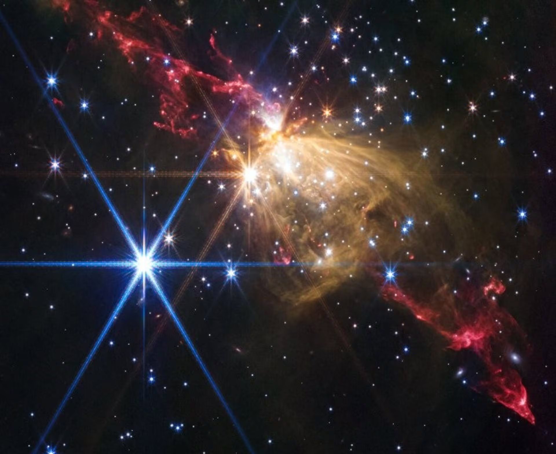 El telescopio espacial James Webb de la NASA/ESA/CSA fotografió recientemente un chorro estelar extremadamente grande en las afueras de nuestra galaxia, la Vía Láctea, en el protocúmulo Sh2-284 (NASA/ESA/CSA)

