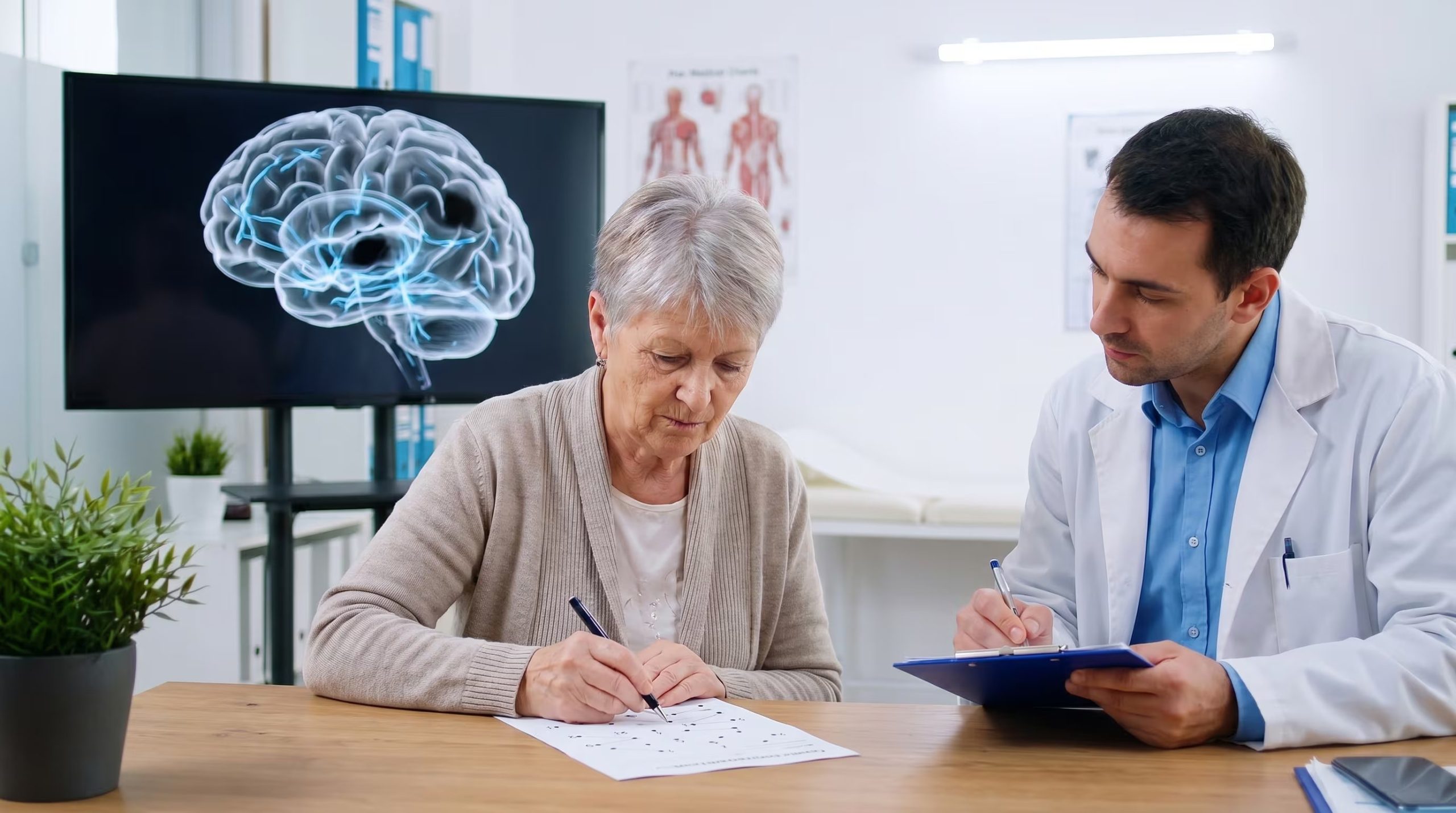 Una persona mayor realiza una prueba cognitiva sencilla bajo la supervisión de un profesional médico en una clínica, con una imagen digital del cerebro que muestra actividad neuronal en el fondo. (Imagen Ilustrativa Infobae)