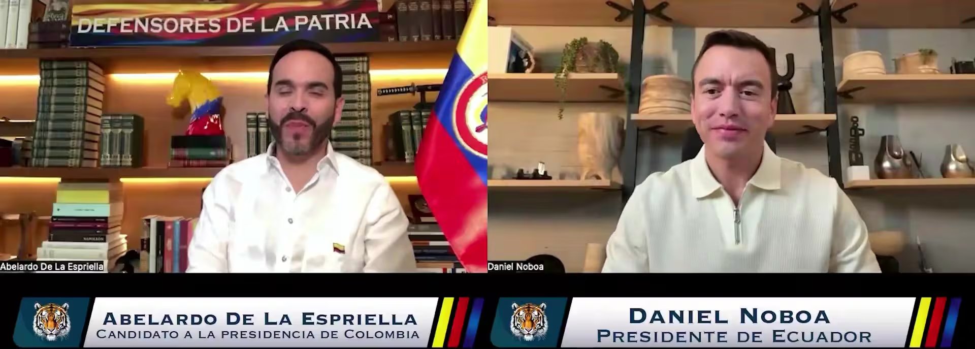 Durante una conversación realizada el 29 de mayo, Daniel Noboa y Abelardo de la Espriella abordaron temas de comercio, seguridad fronteriza y cooperación energética entre Ecuador y Colombia - crédito Abelardo de la Espriella/X