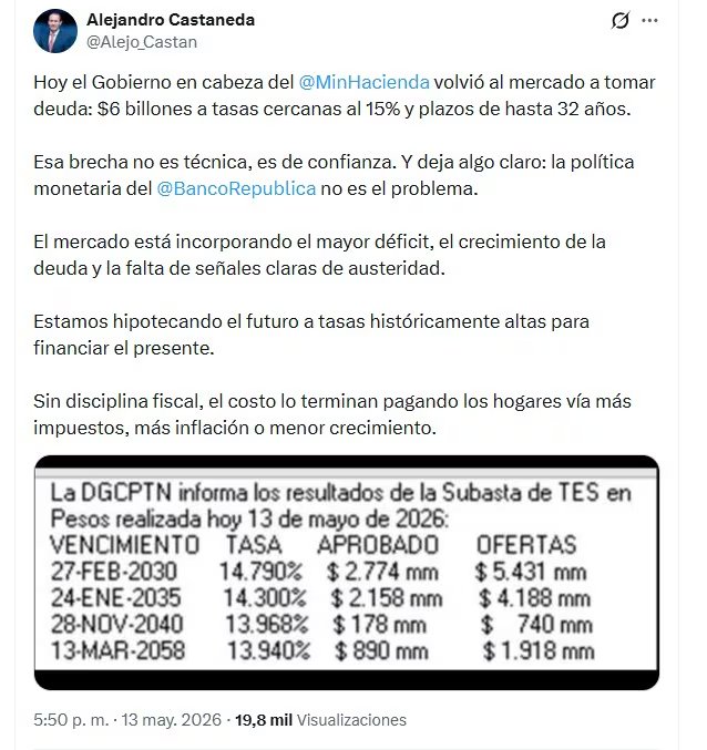 El presidente de Andeg, Alejandro Castañeda, señaló que el Gobierno acudio al mercado en condiciones de mayor costo financiero - crédito Alejo_Castan/X