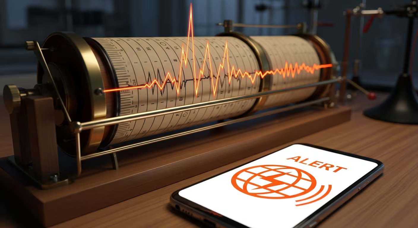 Un sismógrafo antiguo registra un movimiento telúrico con una onda sísmica brillante, y un teléfono móvil en primer plano muestra una alerta de temblor en su pantalla. (Imagen Ilustrativa Infobae)