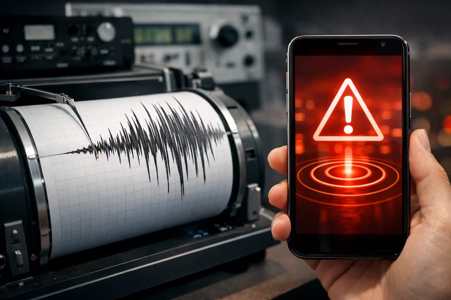 Un sismógrafo tradicional registra un temblor mientras un teléfono móvil muestra una alerta de emergencia, ilustrando la importancia de los sistemas de detección y aviso temprano. (Imagen Ilustrativa Infobae)