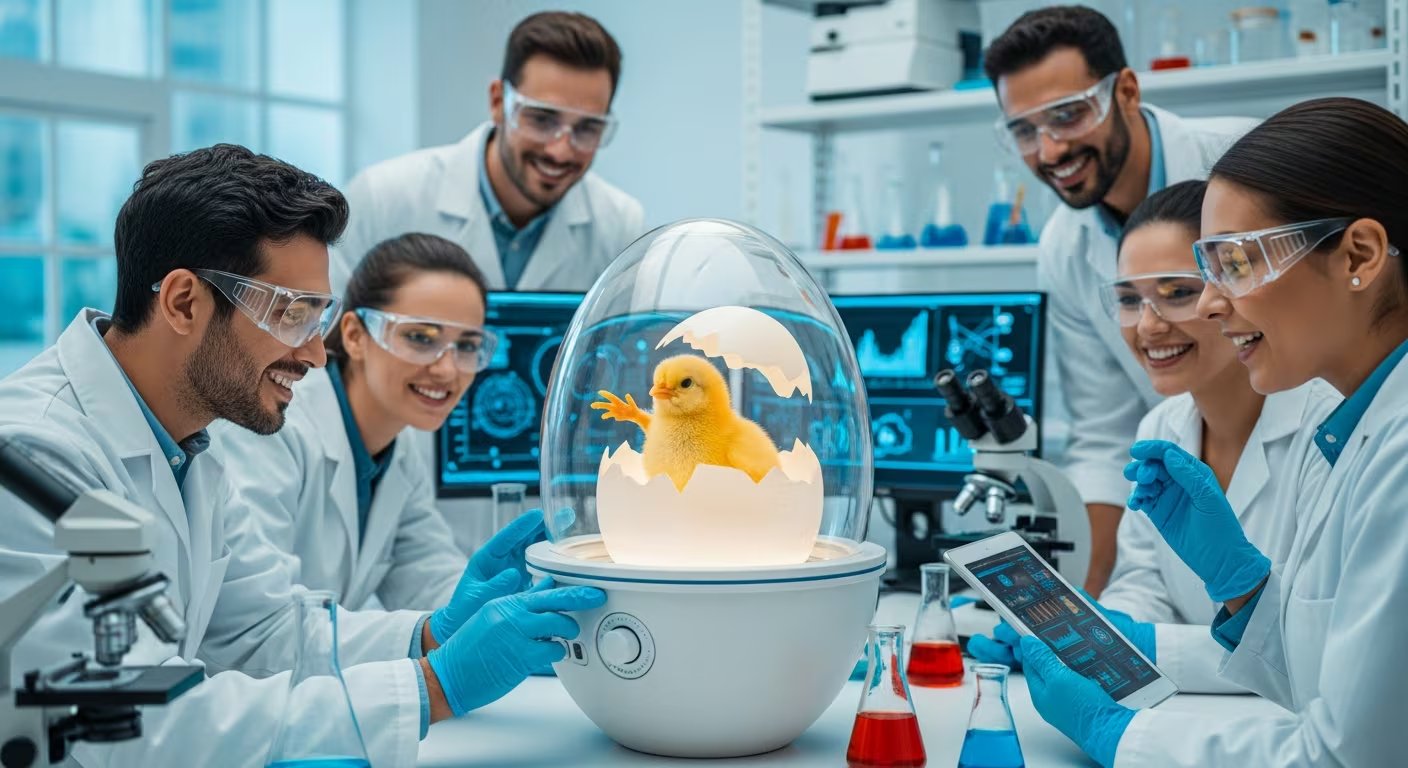 Científicos celebran el nacimiento de un pollito a partir de un huevo artificial incubado en laboratorio, marcando un avance significativo en la biotecnología. (Imagen Ilustrativa Infobae)