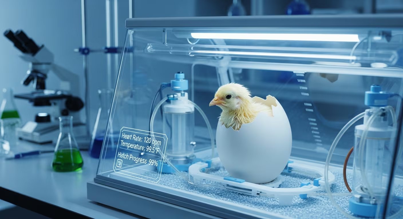 Un pollito asoma de un huevo artificial en un laboratorio, marcando un hito en la investigación científica y la incubación innovadora de aves. (Imagen Ilustrativa Infobae)