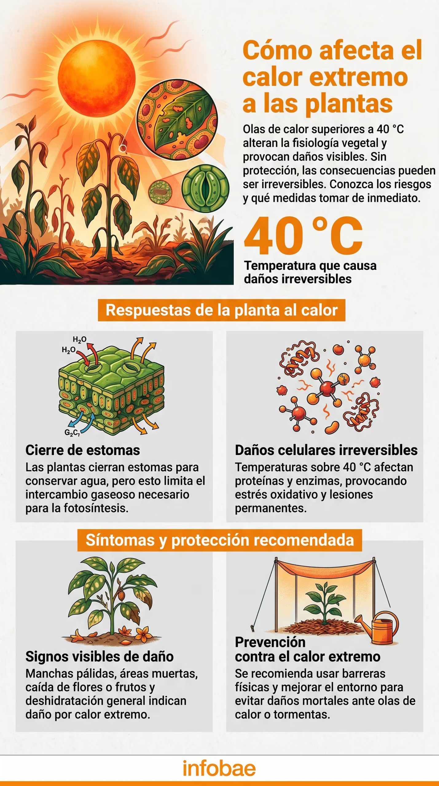 La infografía ilustra cómo el calor extremo afecta la fisiología de las plantas, mostrando respuestas defensivas, daños celulares irreversibles, síntomas visibles y medidas de protección recomendadas para su supervivencia. (Imagen Ilustrativa Infobae)