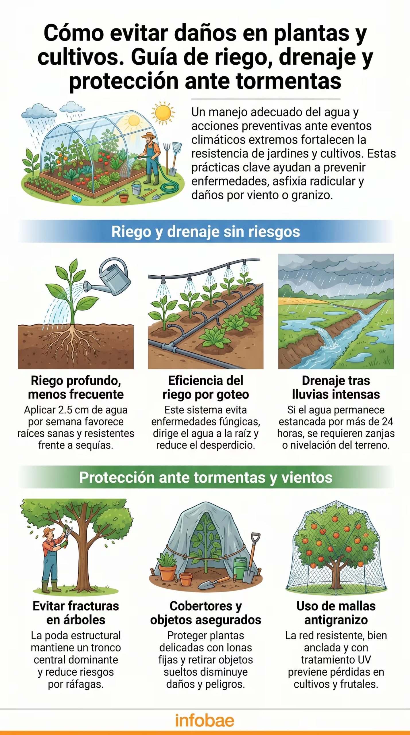Ilustración detallada de prácticas clave para proteger plantas y cultivos de los efectos del mal riego, drenaje deficiente y fenómenos meteorológicos extremos como tormentas y granizo. (Imagen Ilustrativa Infobae)