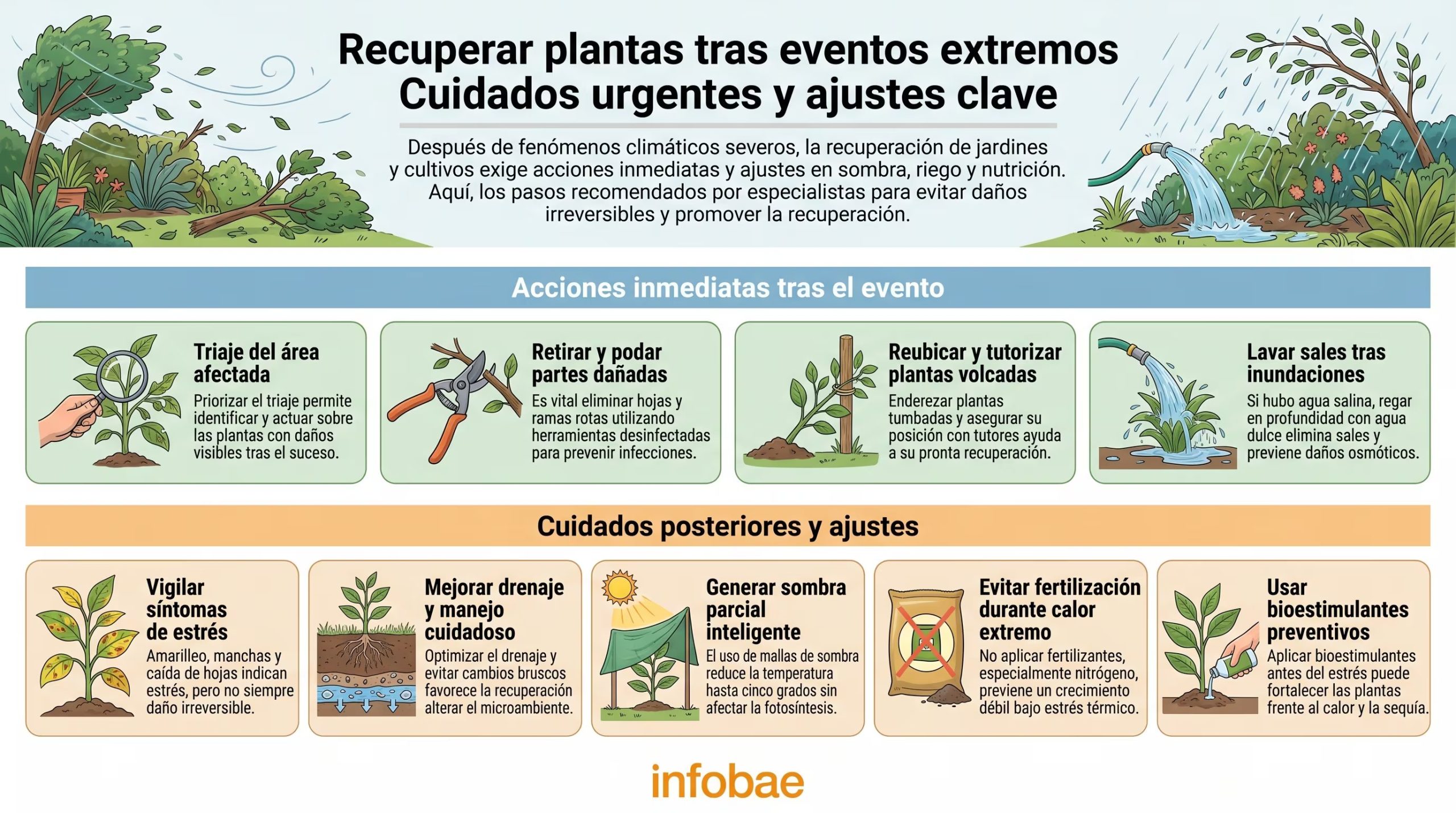 Esta infografía detalla los pasos esenciales para la recuperación de jardines y cultivos después de fenómenos climáticos severos, incluyendo acciones inmediatas y cuidados posteriores. (Imagen Ilustrativa Infobae)