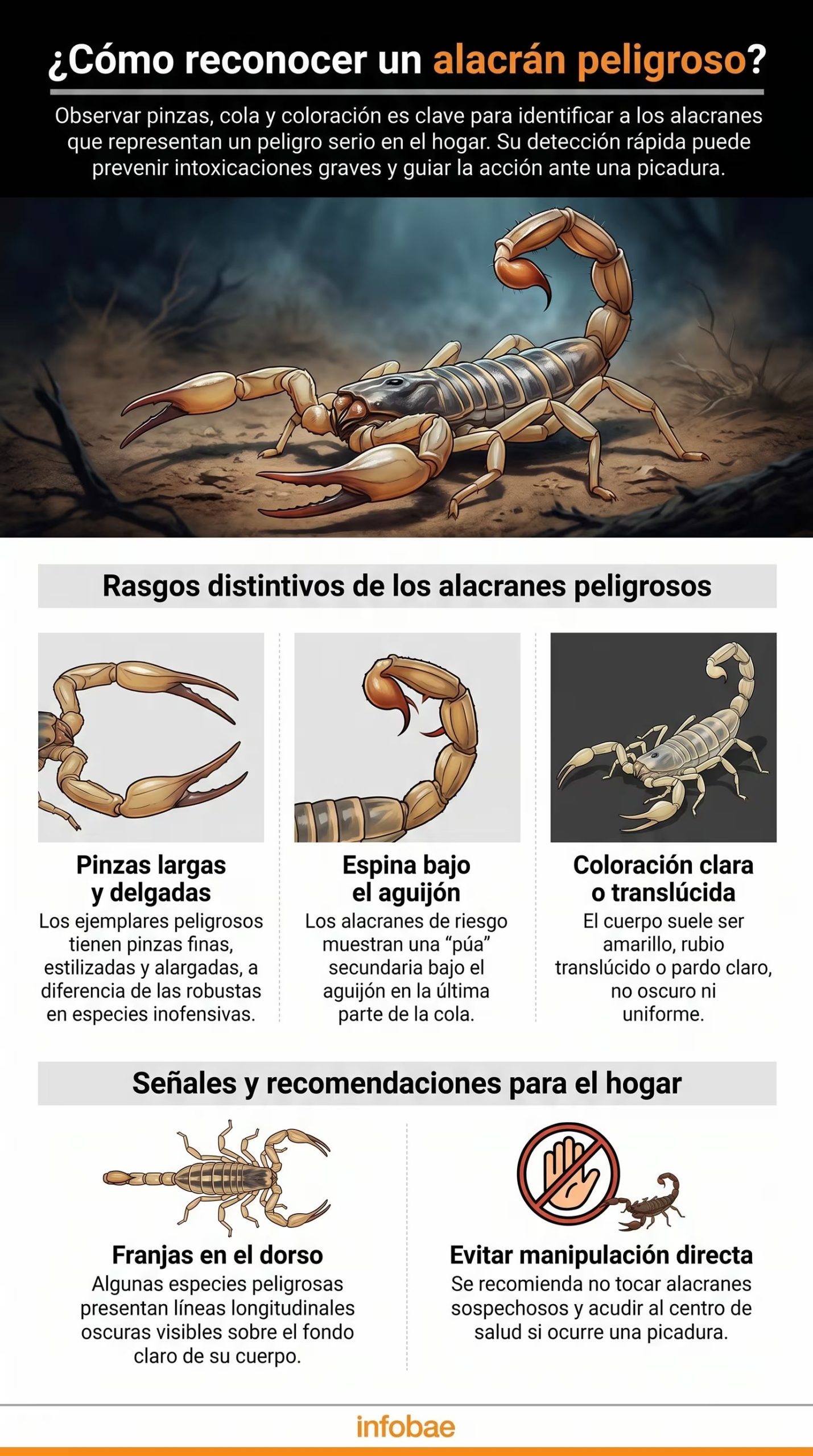 Esta guía visual detalla las características morfológicas clave, como pinzas, cola y coloración, para identificar alacranes venenosos y tomar precauciones en el hogar, según expertos. (Imagen Ilustrativa Infobae)