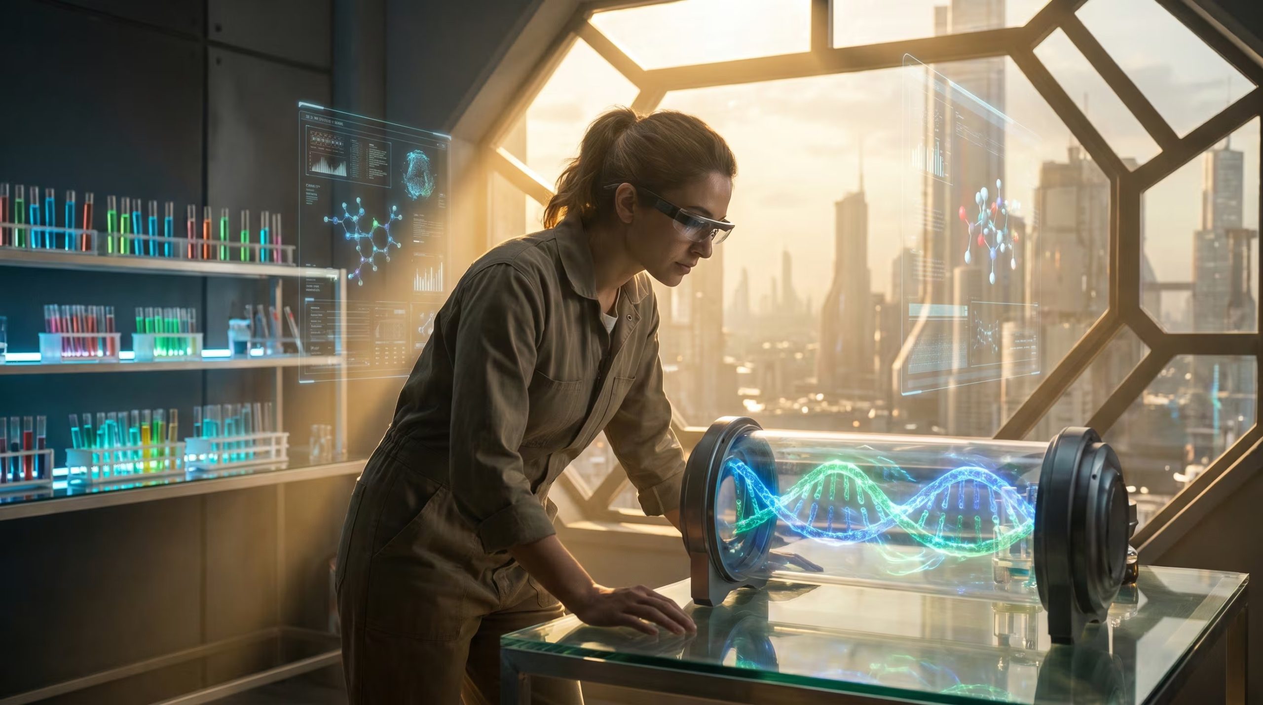 Una científica en un laboratorio futurista observa moléculas brillantes inspiradas en el ADN humano, con rayos de luz solar filtrándose por una ventana panorámica y pantallas holográficas mostrando datos. (Imagen Ilustrativa Infobae)