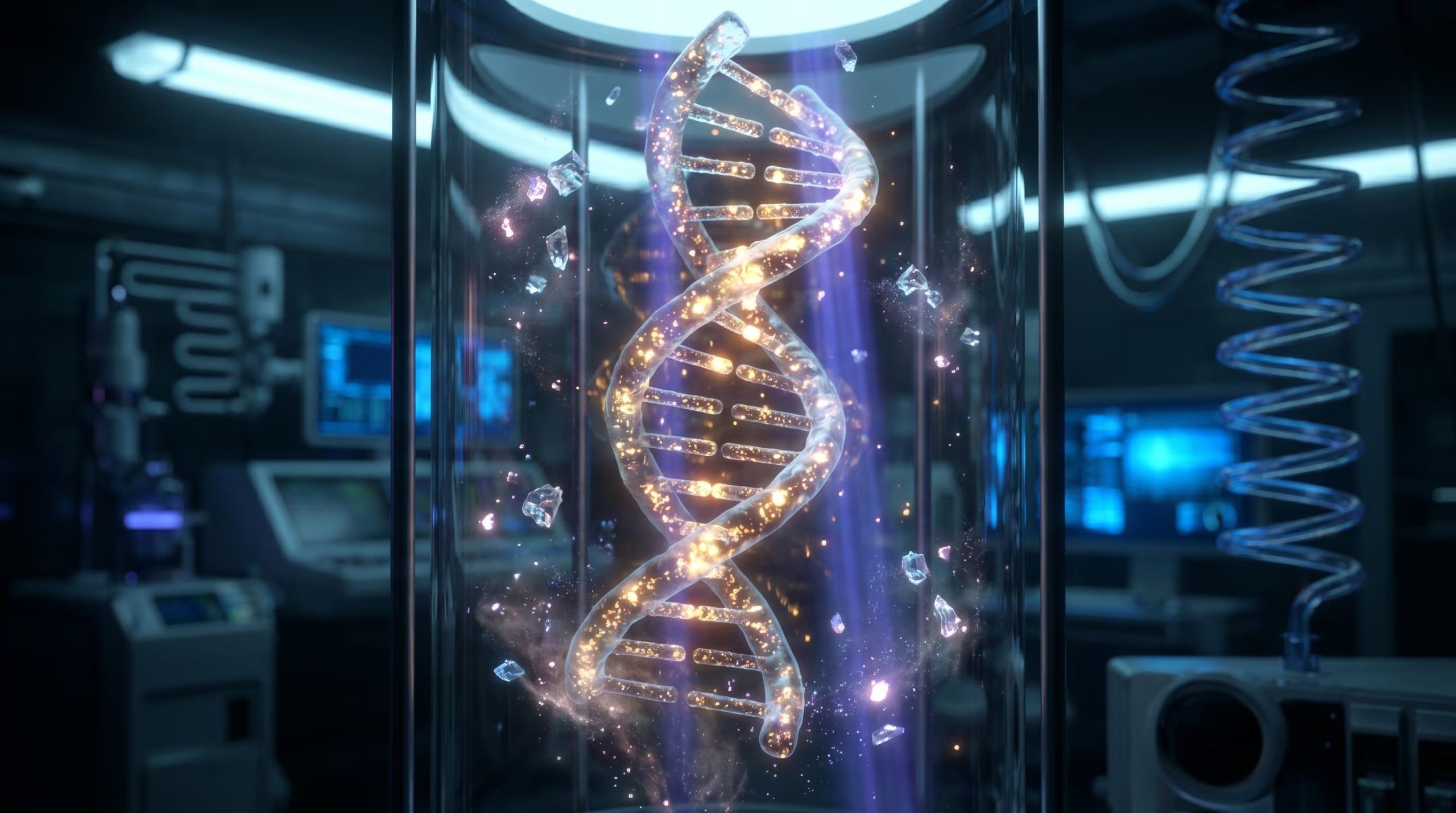 Visualización hiperrealista de una molécula de ADN sintético que almacena energía solar después de recibir radiación ultravioleta, presentada en un entorno de laboratorio oscuro con partículas luminosas y detalles microscópicos. (Imagen Ilustrativa Infobae)