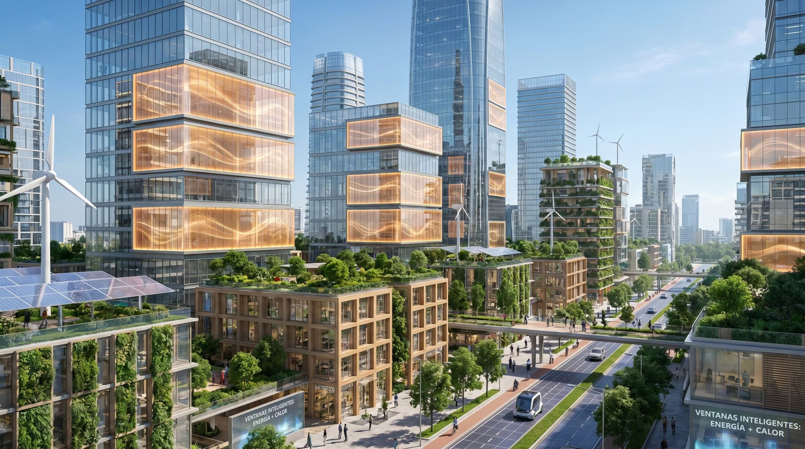 La imagen muestra una metrópolis futurista con rascacielos y edificios de menor altura, equipados con ventanas solares avanzadas, turbinas eólicas y abundante vegetación, reflejando un diseño ecológico y energía limpia. (Imagen Ilustrativa Infobae)