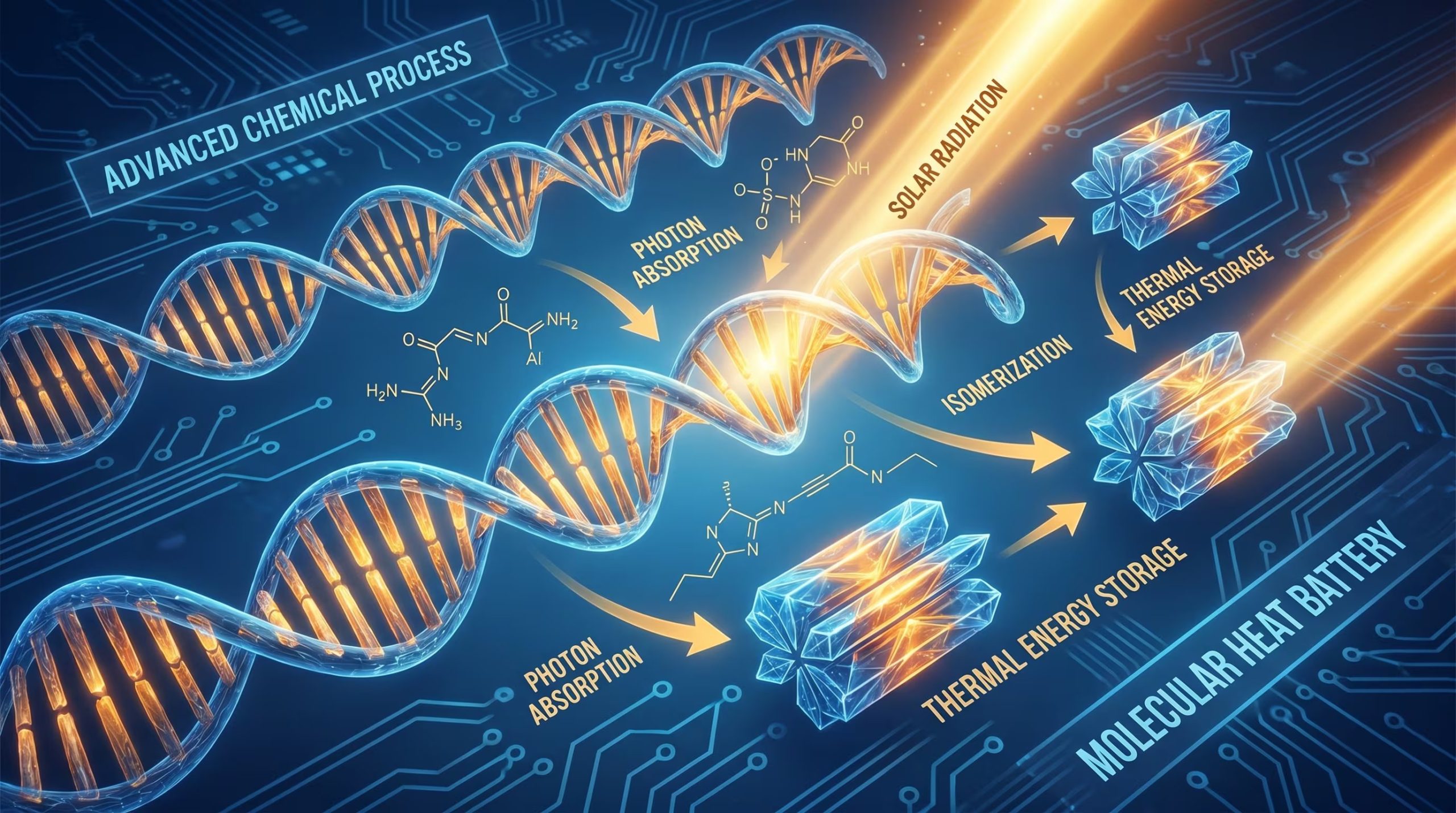 Una infografía científica ilustra cómo moléculas inspiradas en el ADN cambian de forma para almacenar energía térmica al absorber radiación solar, destacando un proceso químico avanzado. (Imagen Ilustrativa Infobae)