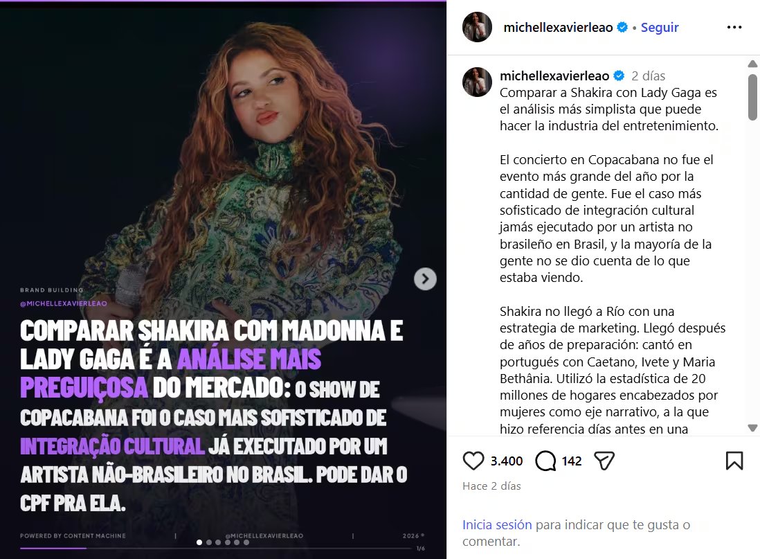 Experta en marketing afirmó que comparar a Shakira con LAdy Gaga o Madonna no tiene sentido - crédito @michellexavierleao/IG