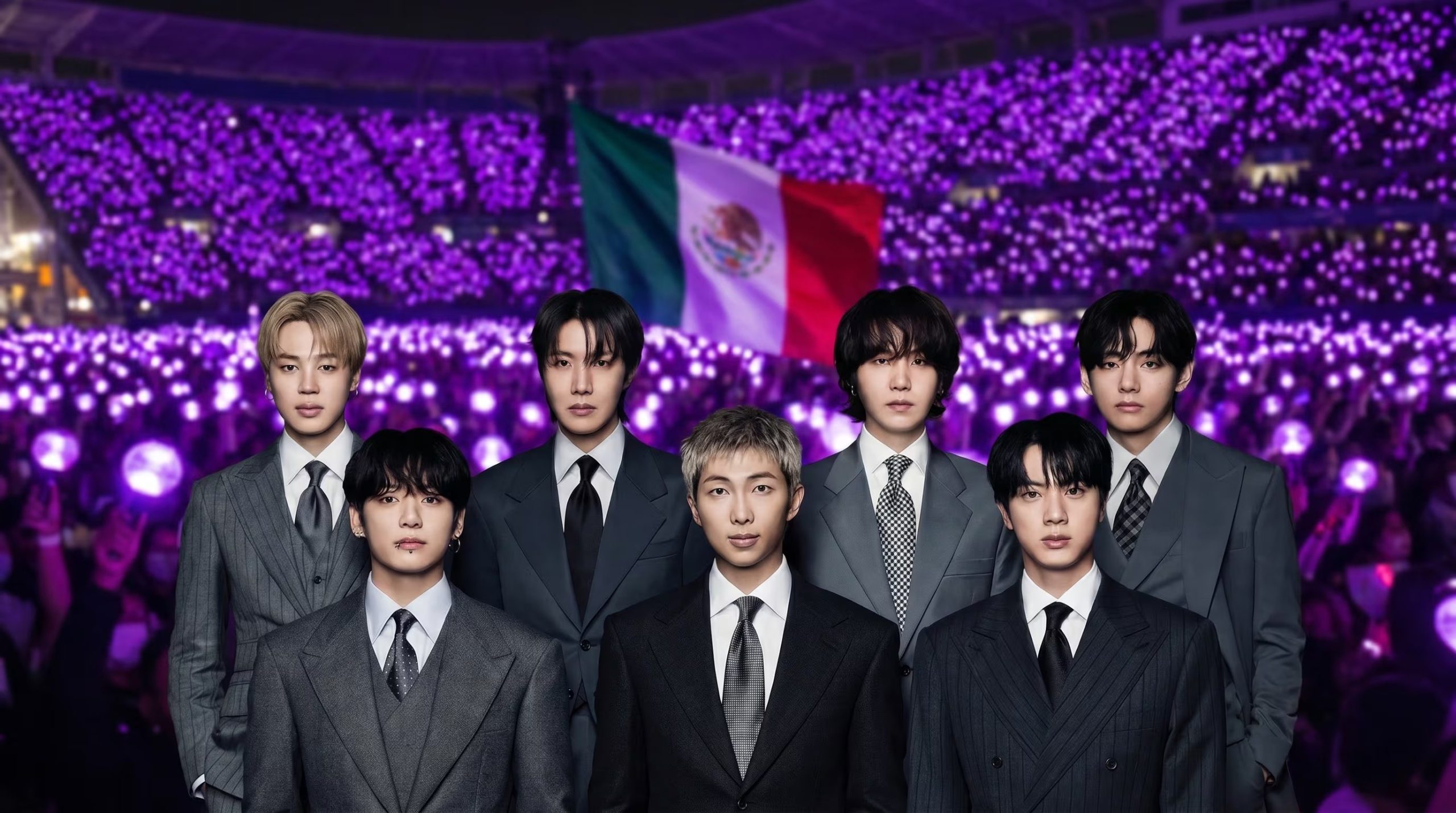 La banda surcoreana BTS se presenta en México, desatando la euforia del ARMY ante un estadio iluminado con luces violetas y la bandera nacional. (Imagen Ilustrativa Infobae)