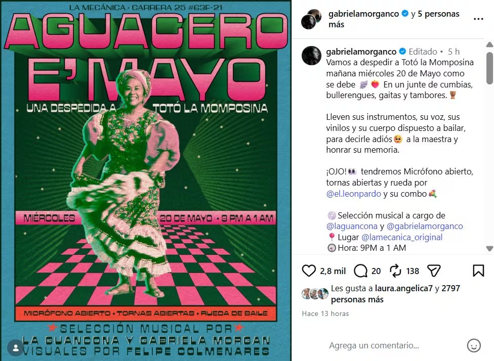 El evento se llama 'Aguacero e' mayo', igual que una de las canciones más conocidas de la artista - crédito @lamecanica_original/IG